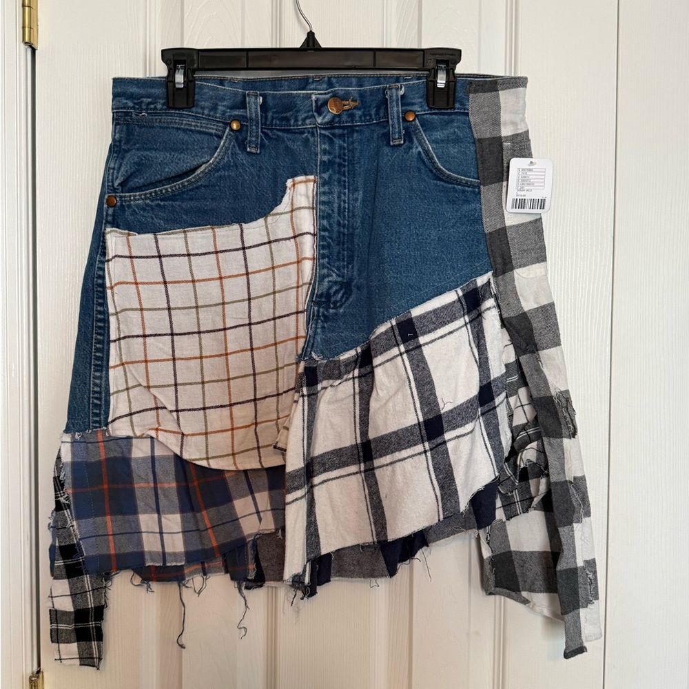 Urban Renewal/Wrangler Blue Denim Skirt with Plaid Accents